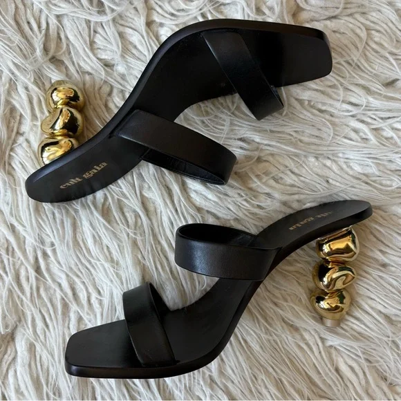 CULT GAIA Meta Black Leather Gold Metallic Architectural Heel Slide Sandal Sz 39 - Picture 5 of 12